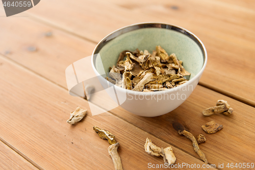 Image of dried mushrooms in bowl on wooden background