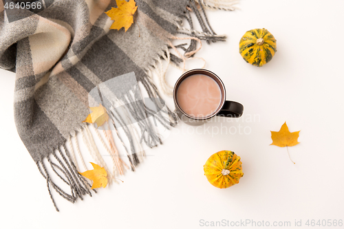 Image of hot chocolate, autumn leaves and warm blanket