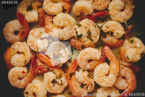 Image of Baby shrimps with parsley and garlic are cooked in a pan, top view, flat lay, close-up