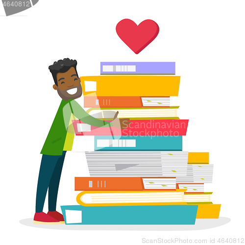 Image of Young african-american man hugging books.