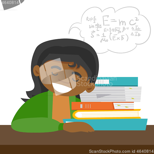 Image of African student sleeping on the desk with books.