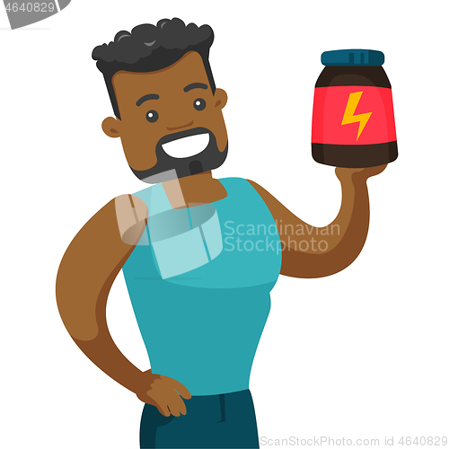 Image of Young african-american man with protein jar.