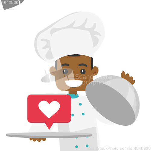 Image of African waiter holding tray with heart like icon.
