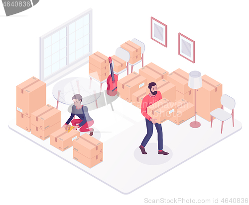 Image of Young caucasian couple moving to a new house.