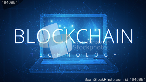 Image of Blockchain technology hud banner with laptop.