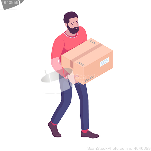 Image of Young caucasian white man carrying cardboard box.