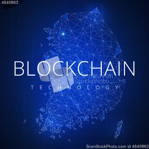 Image of Blockchain technology hud banner with South korea map.