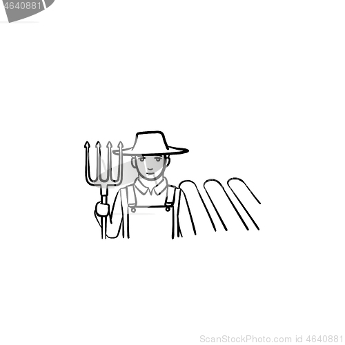 Image of Farmer with fork hand drawn sketch icon.