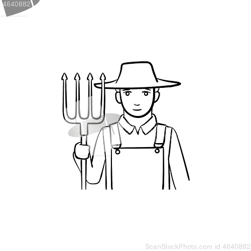 Image of Farmer with pitchfork hand drawn sketch icon.