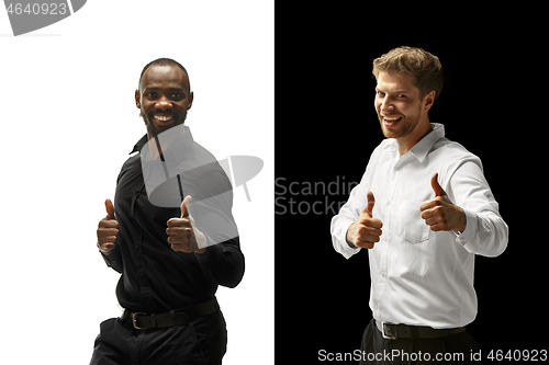 Image of success happy afro and caucasian men. Mixed couple. Human facial emotions concept.