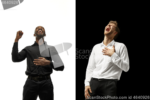 Image of success happy afro and caucasian men. Mixed couple. Human facial emotions concept.