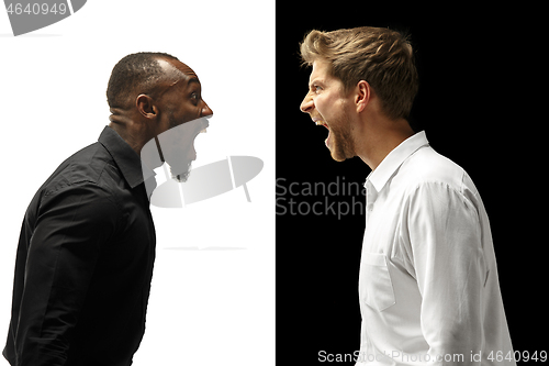 Image of The screaming afro and caucasian men. Mixed couple. Human facial emotions concept.