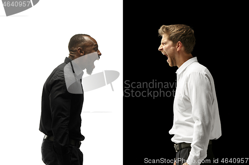 Image of The screaming afro and caucasian men. Mixed couple. Human facial emotions concept.
