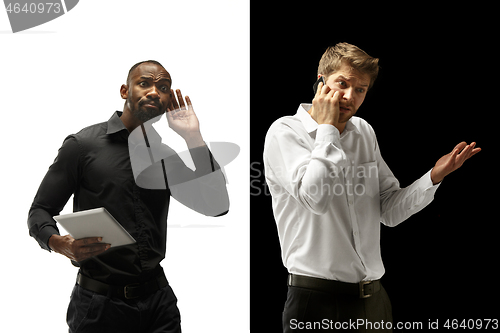 Image of success happy afro and caucasian men. Mixed couple. Human facial emotions concept.