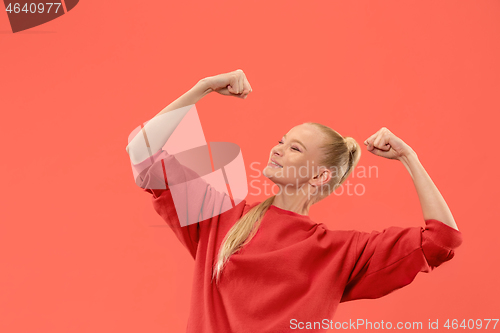 Image of Winning success woman happy ecstatic celebrating being a winner. Dynamic energetic image of female model