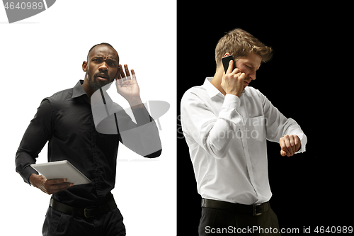 Image of success happy afro and caucasian men. Mixed couple. Human facial emotions concept.