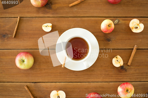 Image of cup of tea with apples and cinnamon on table