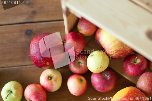 Image of ripe apples in wooden box on table