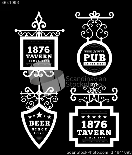 Image of Tavern sign, metal frame with curly elements.