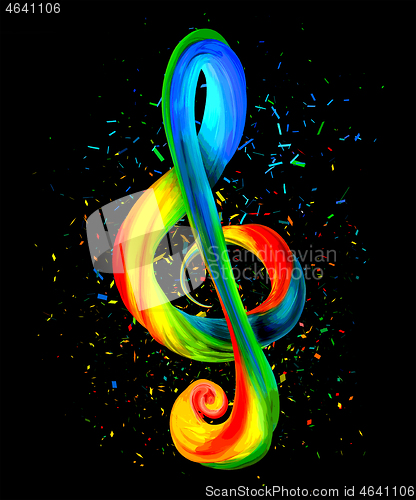 Image of Colorful trebe clef on black background with particles