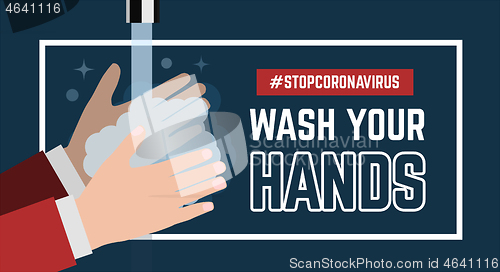 Image of Wash your hand. Vector flat illustration on blue background