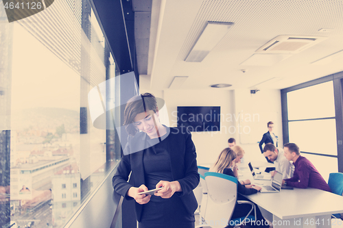 Image of Elegant Woman Using Mobile Phone by window in office building