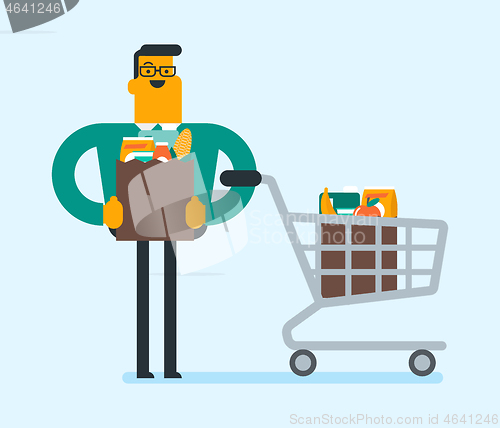 Image of Caucasian man doing shopping at the grocery shop.