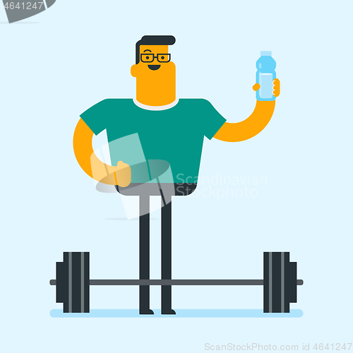 Image of Caucasian white man drinking water in the gym.
