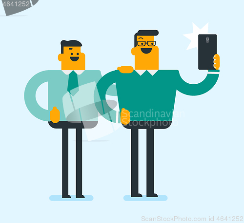 Image of Caucasian men making selfie with a cellphone.