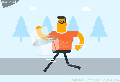 Image of Young caucasian white runner running outdoor.