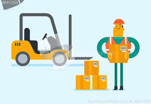 Image of Warehouse worker on the background of forklift.