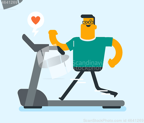 Image of Young caucasian white man running on treadmill.