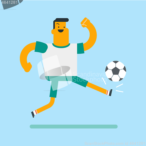 Image of Caucasian white soccer player kicking the ball.