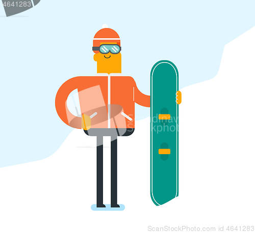 Image of Young caucasian white man with a snowboard.