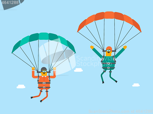 Image of Caucasian white men flying with a parachute.