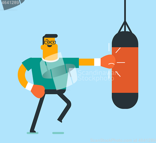 Image of Caucasian white boxer hitting a boxing bag.