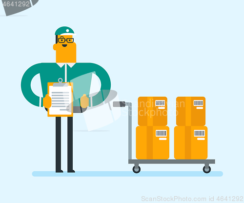 Image of Delivery man delivering parcel boxes on trolley.