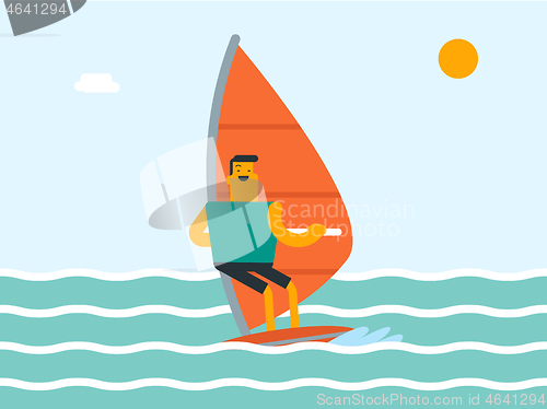 Image of Caucasian white man windsurfing in the sea.