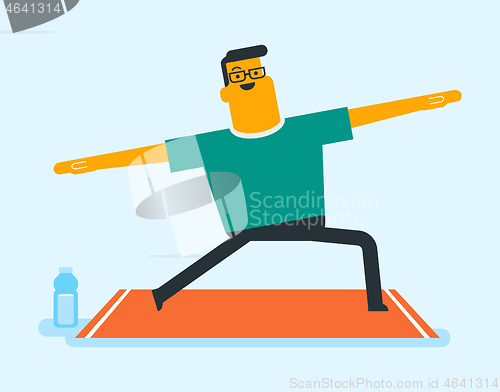 Image of Caucasian white  man doing stretching exercise.