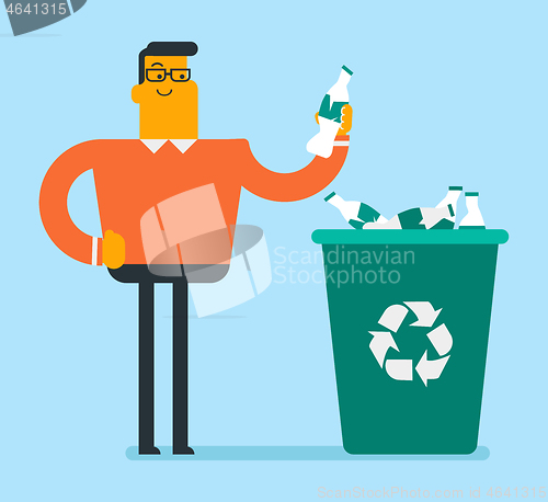 Image of Man throwing plastic bottle into a recycling bin.