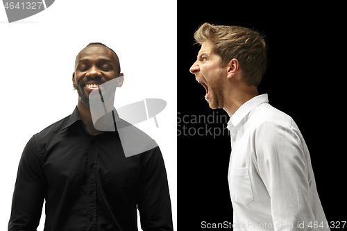 Image of The screaming afro and caucasian men. Mixed couple. Human facial emotions concept.