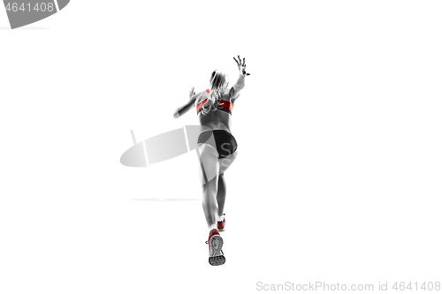 Image of one caucasian woman running on white background