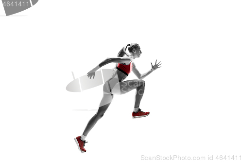 Image of one caucasian woman running on white background