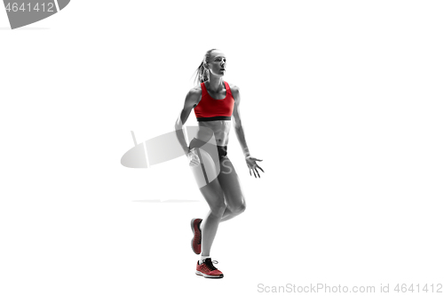 Image of one caucasian woman running on white background