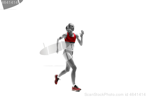 Image of one caucasian woman running on white background