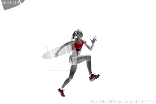 Image of one caucasian woman running on white background