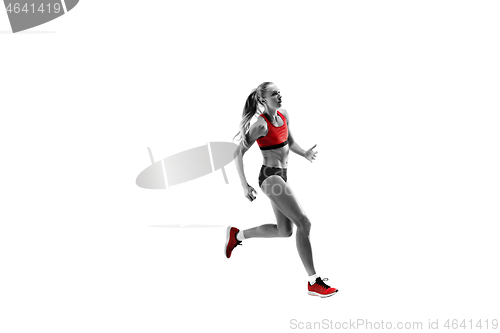 Image of one caucasian woman running on white background