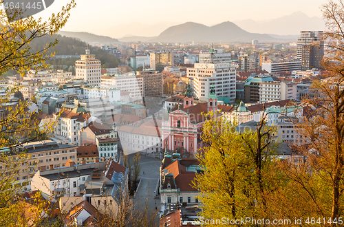 Image of Panoramic view of Ljubljana, capital of Slovenia, at sunset. Empty streets of Slovenian capital during corona virus pandemic social distancing measures in 2020