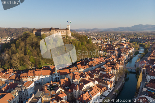 Image of Aerial drone panoramic view of Ljubljana, capital of Slovenia in warm afternoon sun