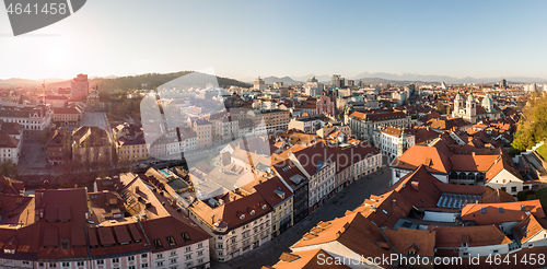 Image of Panoramic view of Ljubljana, capital of Slovenia, at sunset. Empty streets of Slovenian capital during corona virus pandemic social distancing measures in 2020